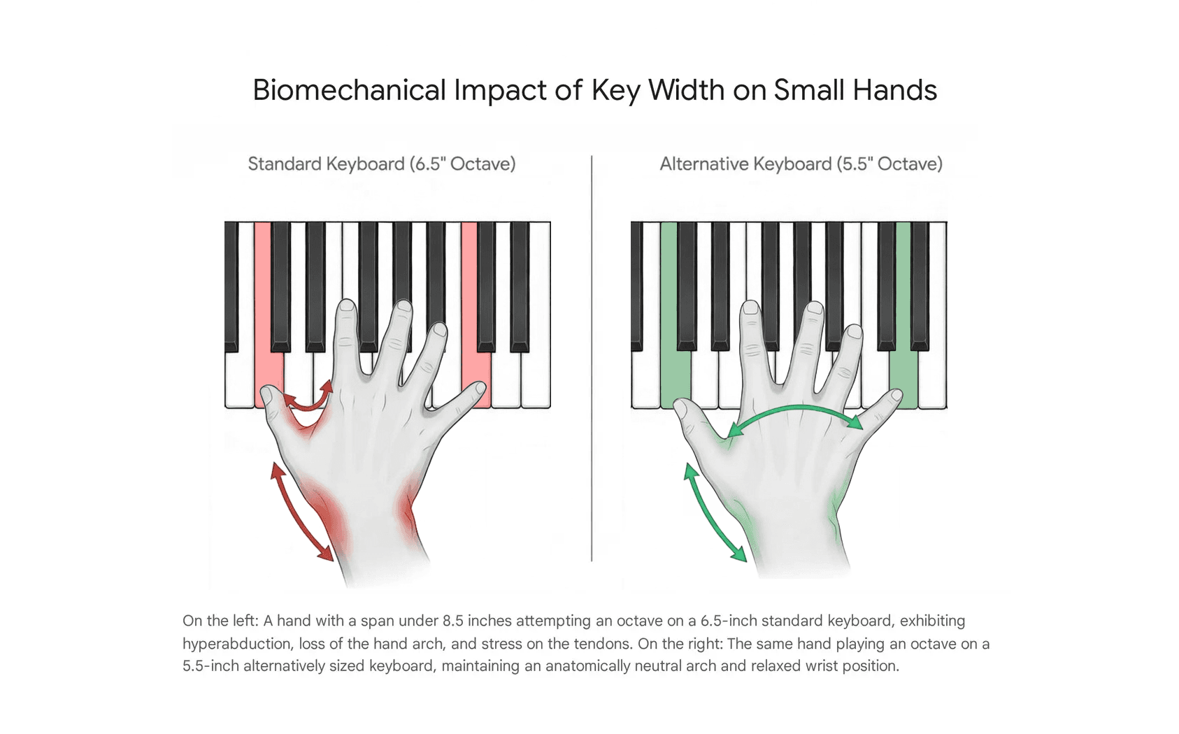 Hand straining on a standard 6.5 inch octave keyboard